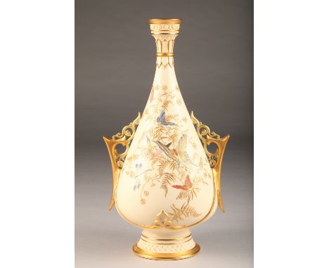 19th century Royal Worcester blush ware vase, decorated with gilt foliage and hand painted butterflies and dragonflies, with 