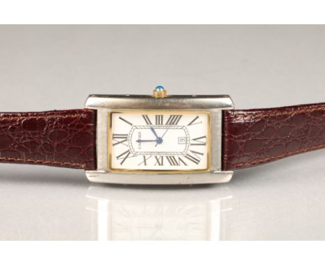 Gents Cartier silver tank quartz wrist watch, rectangular silver dial with roman numeral hour markers, with date aperture. Mo