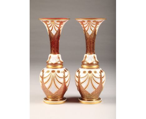 Pair of Bohemian white overlay and gilt ruby vases, of flared baluster form, height 38cm  Condition Report Pair of Bohemian o