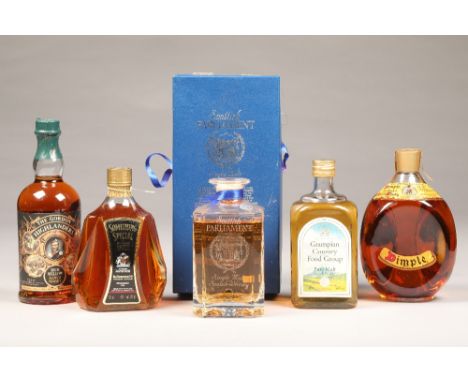 Five assorted bottles of whiskyScottish Parliament single malt Scotch whisky boxed, Glencairn crystal decanter limited 348 of
