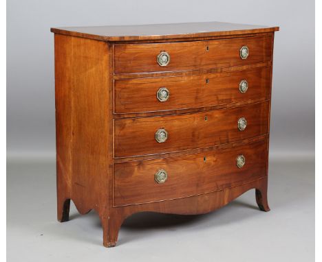 A late George III mahogany bowfront chest of four oak-lined drawers, height 97cm, width 104cm, depth 57cm.Buyer’s Premium 29.