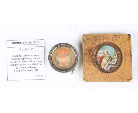 An 18th/19th century watercolour miniature of a bishop, possibly St. Gregory, seated with a book and dove flying above him, 3