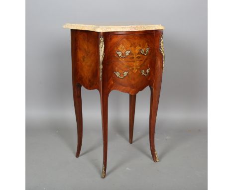 A 20th century French walnut and marquetry inlaid marble-topped bedside chest with gilt metal mounts, height 75cm, width 50cm