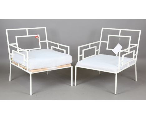 A pair of Julian Chichester white painted metal framed armchairs, height 80cm, width 67cm, depth 82cm (no cushions).Buyer’s P