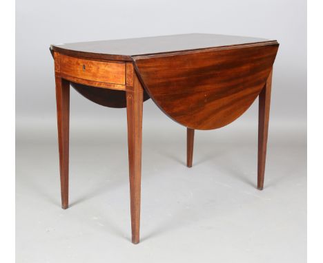 A George III mahogany oval Pembroke table, the inlaid frieze fitted with a single drawer, height 72cm, width 98cm.Buyer’s Pre