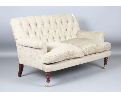 A modern Moinat two-seat settee, upholstered in buttoned taupe fabric, height 87cm, width 140cm, depth 85cm.Buyer’s Premium 2