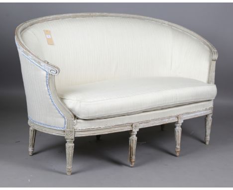 A Louis XVI style painted showframe tub back settee, upholstered in a herringbone woven fabric, height 97cm, width 175cm, dep