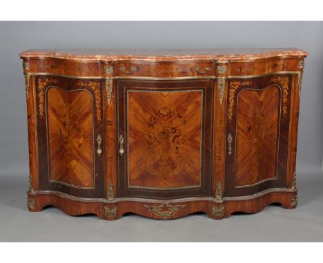 A 20th century kingwood credenza with shaped marble top and floral marquetry, applied with overall gilt metal mounts, height 