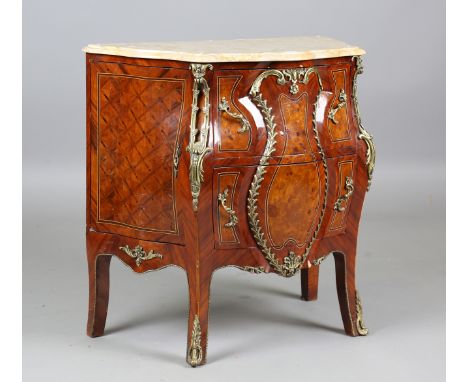 A modern French walnut and gilt metal mounted two-drawer commode with a marble top, height 82cm, width 83cm, depth 45cm (crac