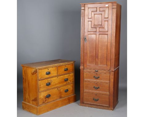 A George V oak narrow cabinet, the cupboard enclosed by a fielded panel door above a brushing slide and three drawers, height