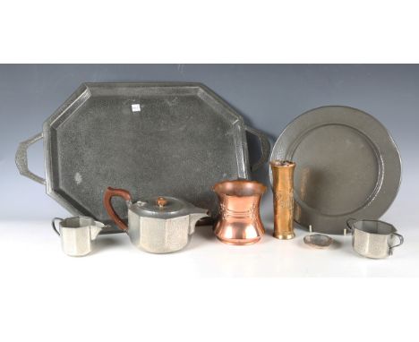 A Liberty &amp; Co 'Tudric' pewter four-piece tea set, model number '01605', together with two 'Tudric' pewter trays, a Liber