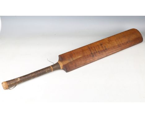 A J.W. Hearne cricket bat, signed by a 1930s touring Australian team, including Don Bradman, Stan McCabe and W. Oldfield, len