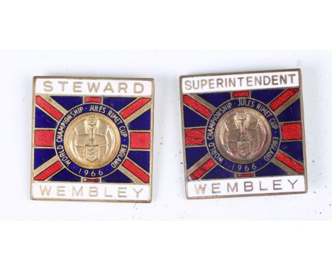 An enamelled 1966 World Championship Jules Rimet Cup 'Steward' badge, together with a matching 'Superintendent' badge, both 3