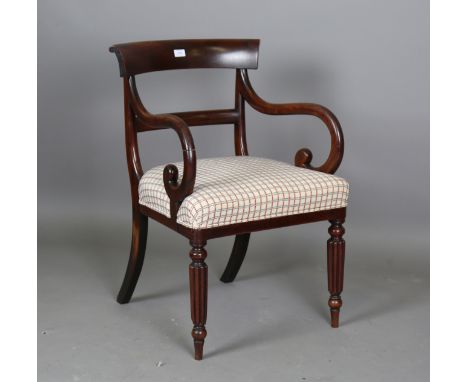 A Regency mahogany scroll arm elbow chair, the overstuffed seat with a modern chequered fabric, height 82cm, width 57cm.Buyer