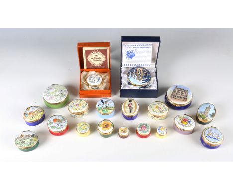 A collection of thirteen 'Crummels' enamel miniature boxes, a Halcyon Days oval box and five similar enamel boxes.Buyer’s Pre