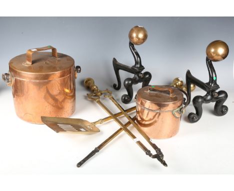 A set of three Victorian brass fire tools, shovel length 71cm, a copper jug, height 22cm, two copper pans and covers with ste