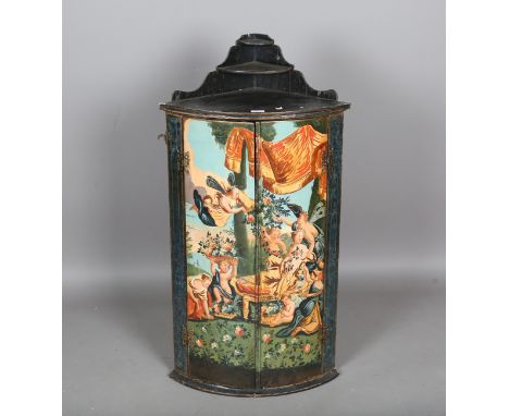 A George III and later painted bowfront hanging corner cabinet, the two doors painted with a scene of figures in a woodland, 