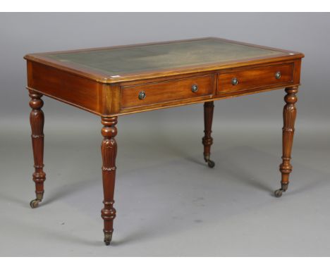 A 20th century Victorian style mahogany writing table, the top inset with gilt-tooled green leather above two drawers, height