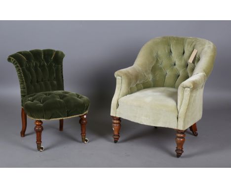 A late Victorian buttoned tub back armchair, height 76cm, width 64cm, together with a small Victorian nursing chair, bearing 