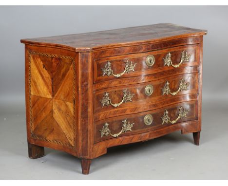 An early 18th century Italian yew and walnut three-drawer serpentine fronted commode with crossbanded and inlaid borders, hei