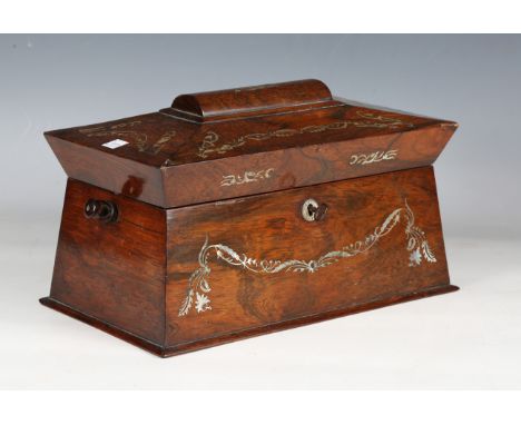 An early Victorian rosewood tea caddy of sarcophagus form, inlaid in mother-of-pearl with foliate scrolls, width 34cm (lackin