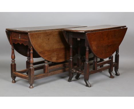 A late 17th century oak oval gateleg table with carved breganza feet, height 72cm, length 112cm, depth 107cm, together with a