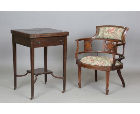 An Edwardian mahogany envelope card table, height 76cm, width 51cm, depth 51cm, together with an Edwardian mahogany and inlai