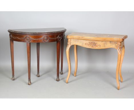 An early 20th century Neoclassical Revival mahogany demi-lune fold-over card table, height 78cm, width 92cm, depth 45cm, toge