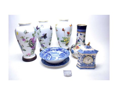 A selection of decorative ceramics, including: set of three Franklin Porcelain limited edition Caribbean Butterfly Vases, by 