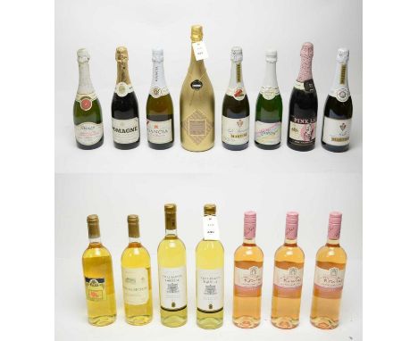 A selection of bottles of sparkling alcohol, including: Martini Asti Spumante; Gancia Gran Spumante; Pomagne sparkling cider;