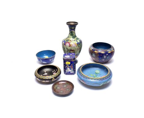 A collection of Chinese cloisonné enamel wares, including: unusual cloisonné enamel vase, with village scene decoration, 24cm