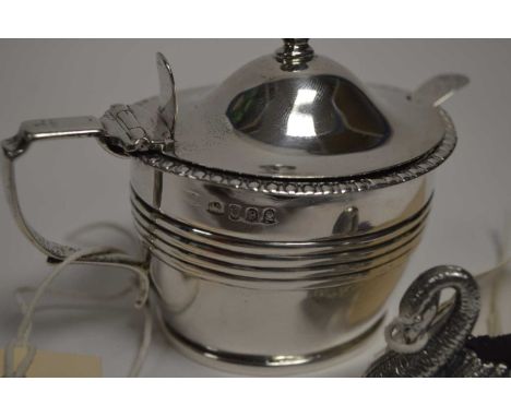 A silver mustard pot, by R. Morley, London 1810, with associated silver spoon; and a modern silver swan pattern pin cushion, 