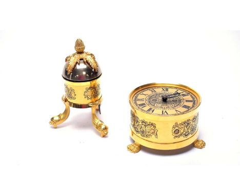 A Sinclair Harding brass clock, with detachable alarm, with box. 