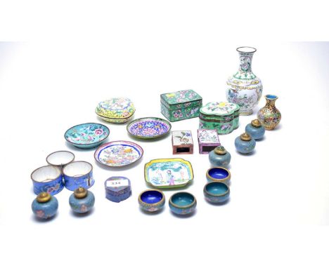 A selection of Chinese enamel wares, including: five turquoise cloisonné enamel pepper shakers; four turquoise cloisonné enam