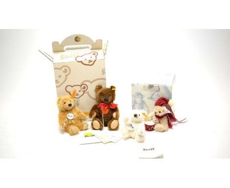 A collection of four Miniature Steiff teddy bears, of various designs, each with button and label to ear, contained across tw