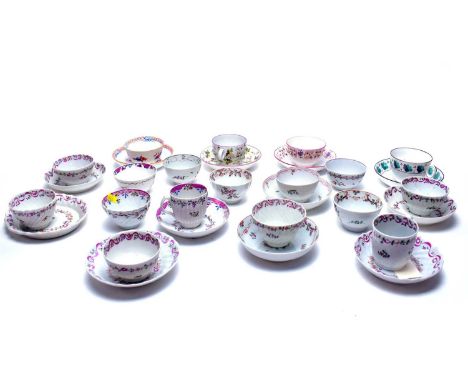A selection of 18th Century and later teacups and saucers, many New Hall, or in the style of, various patterns.