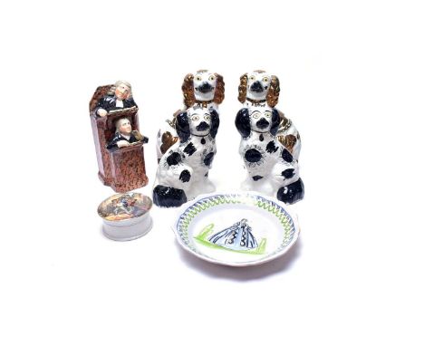 Two pairs of Staffordshire Wally/hearth dogs, the tallest 26cms high; together with a Prattware ‘The Wild and the Lamb’ pot l