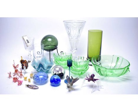 A selection of coloured and art glass ware, including: Royal Commemorative Edinburgh Crystal stemmed wine glass; cut glass tr