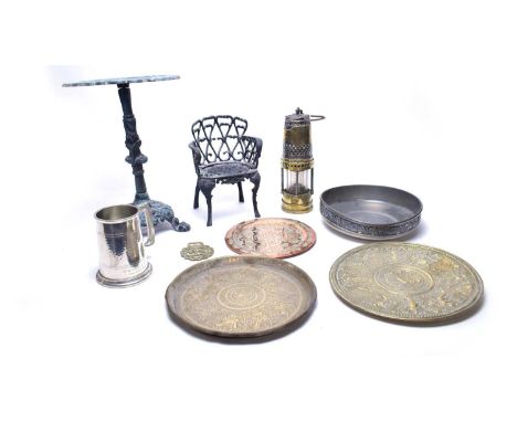 A selection of metal wares, including: Best Gauzeless Lamp; Eastern brass circular tray; Eastern brass wall plaque; Pewter ci