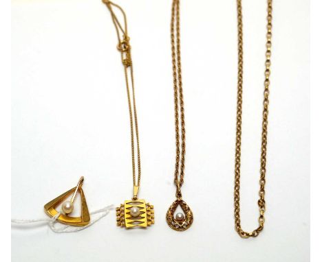 Three cultured pearl pendants, in 9ct gold mounts, on chains, 13.3g gross.