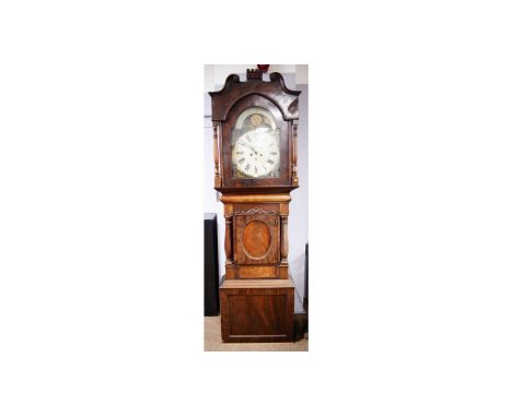 A Victorian North Country mahogany longcase clock, the painted roman dial with hunting scene spandrels, subsidiary seconds an