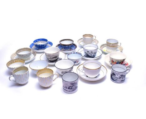 A selection of 18th Century and later teacups and saucers, many New Hall, or in the style of, various patterns.