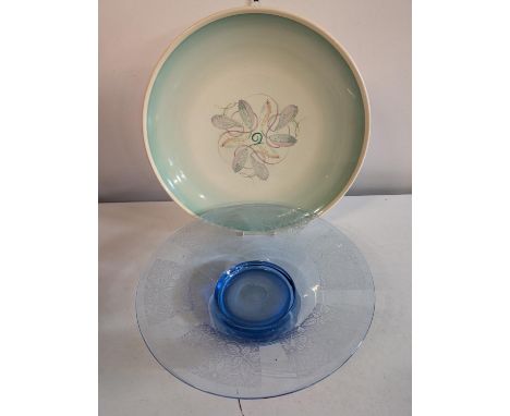 A large Susie Cooper charger D43cm and a decorative art glass blue centrepiece, shipping unavailable