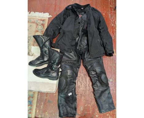 A Texpeed motorbike jacker size 16 and a pair of Bikers Gear leather trousers size 38 with a pair of Swift motorbike boots si