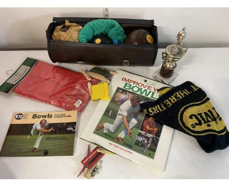 A job lot of lawn bowls related items including bowls, shipping unavailable
