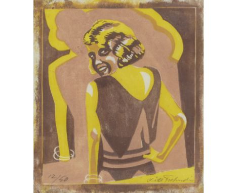 Lill Tschudi (Swiss, 1911-2004)The Flirt (Coppel LT 14) Linocut printed in light burnt sienna, mauve and yellow, 1930, on thi