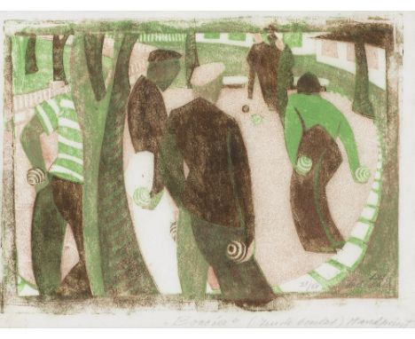Lill Tschudi (Swiss, 1911-2004)Jeu de Boules (Coppel  LT 38) Linocut printed in green, dark brown and light reddish brown, 19