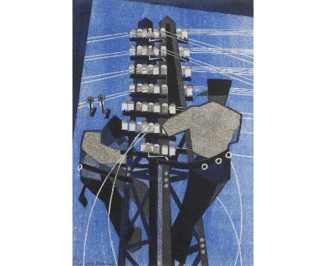 Lill Tschudi (Swiss, 1911-2004)Fixing the Wires (Coppel  LT 26) Linocut printed in black, greyish beige and light blue, 1932,
