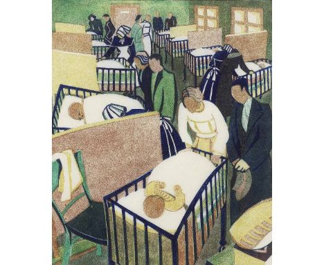 Lill Tschudi (Swiss, 1911-2004)Visiting Day (Coppel  LT 53) Linocut printed in dark blue, yellow, light brown and viridian, 1