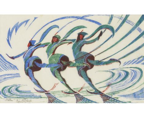 Cyril Edward Power (British, 1872-1951)Skaters (Coppel  CEP 29) Linocut printed in spectrum red, light cobalt blue and viridi